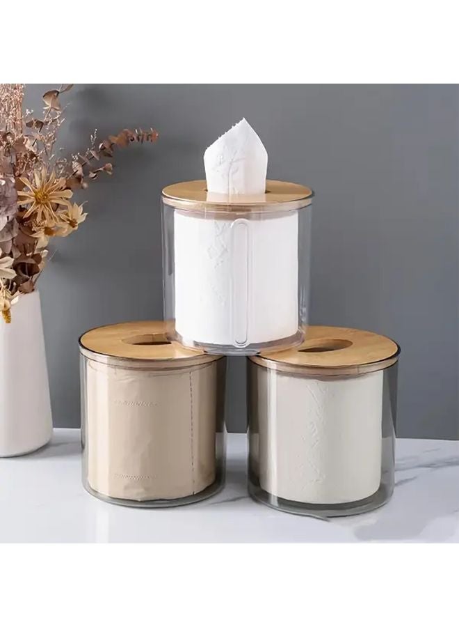 Transparent Silvery Round Tissue Box With Bamboo Lid Bathroom Living Room Storage Container - Image 3